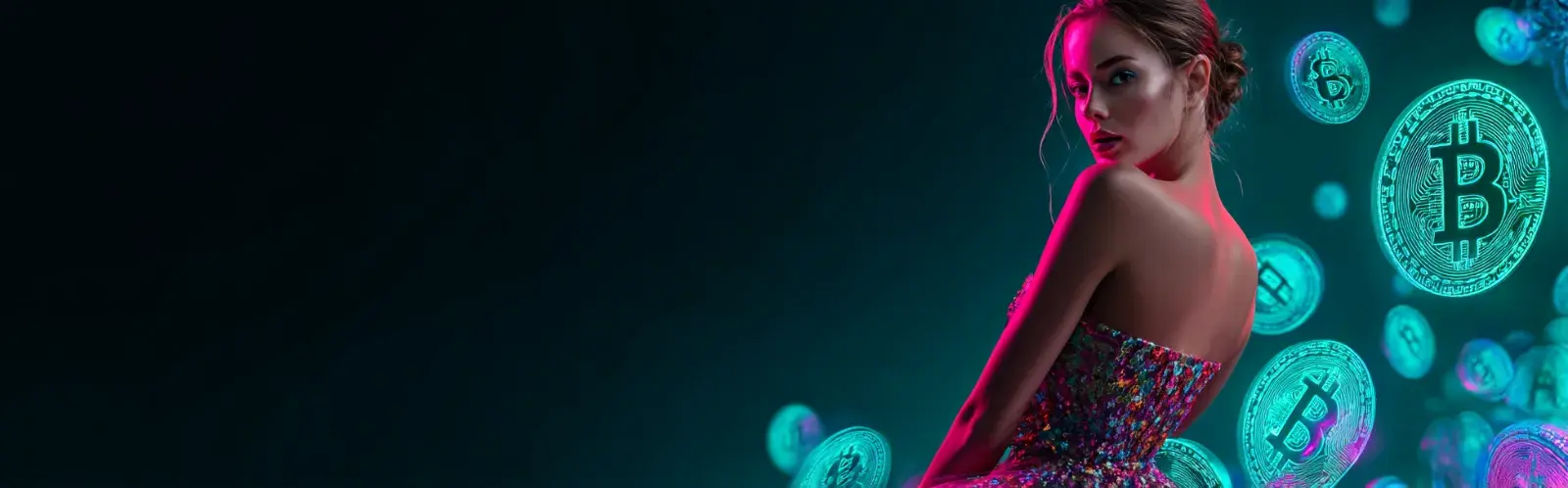 Granawin Casino – vrouw in glitterjurk tussen neon bitcoin-munten