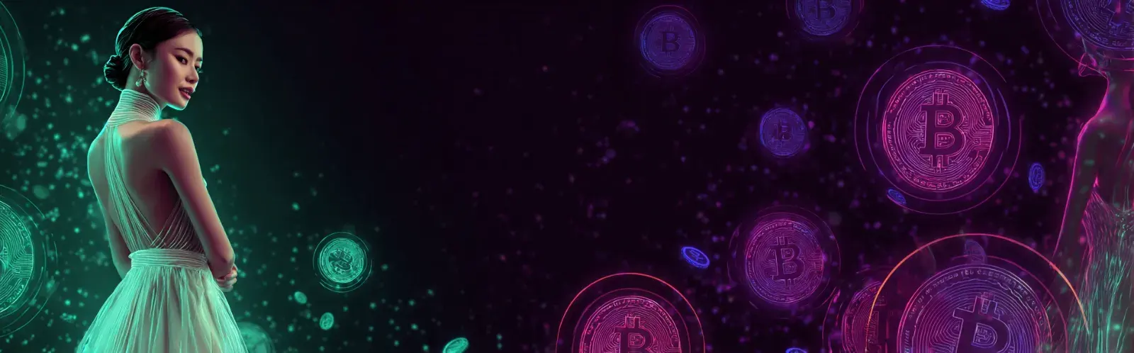 Granawin betaalmethoden – vrouw in witte jurk tussen neon bitcoin-munten