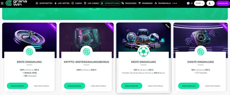 Promotiepagina van Granawin met stortingsbonussen